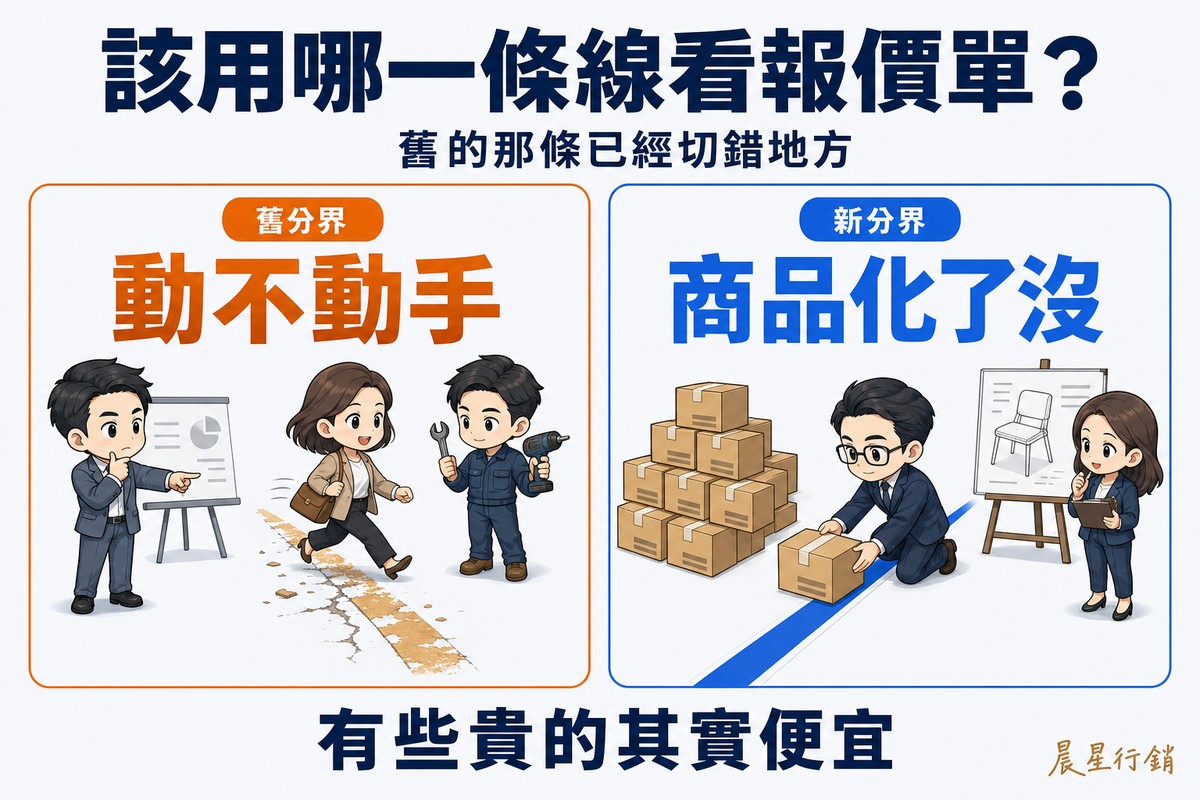解說圖:左側橘卡畫一條褪色又龜裂的舊分界線畫在地上,一邊是只負責指著圖表的Q版角色、另一邊是拿著工具動手的Q版角色,但那條線已經破爛到有人直接一腳跨過去,標「舊分界/動不動手」;右側藍卡畫一條剛漆好的新線,一邊堆著一模一樣的量產盒子、另一邊立著一份手繪的規劃圖,一位Q版顧問正把物件慎重地放到新線的正確那一側,標「新分界/商品化了沒」。