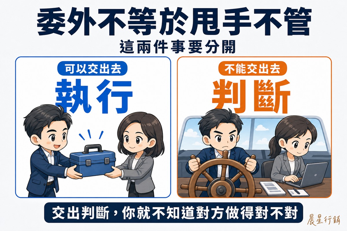 解說圖:左側藍卡畫一位Q版企業主把一整箱工具遞交給Q版合作夥伴,兩人都很放鬆地點頭,工具箱明確地換了手,標「可以交出去/執行」;右側橘卡畫同一位企業主雙手緊握著船舵不放,夥伴在旁邊忙著工作,他握舵的手勢清楚可見、始終沒有鬆開,標「不能交出去/判斷」。