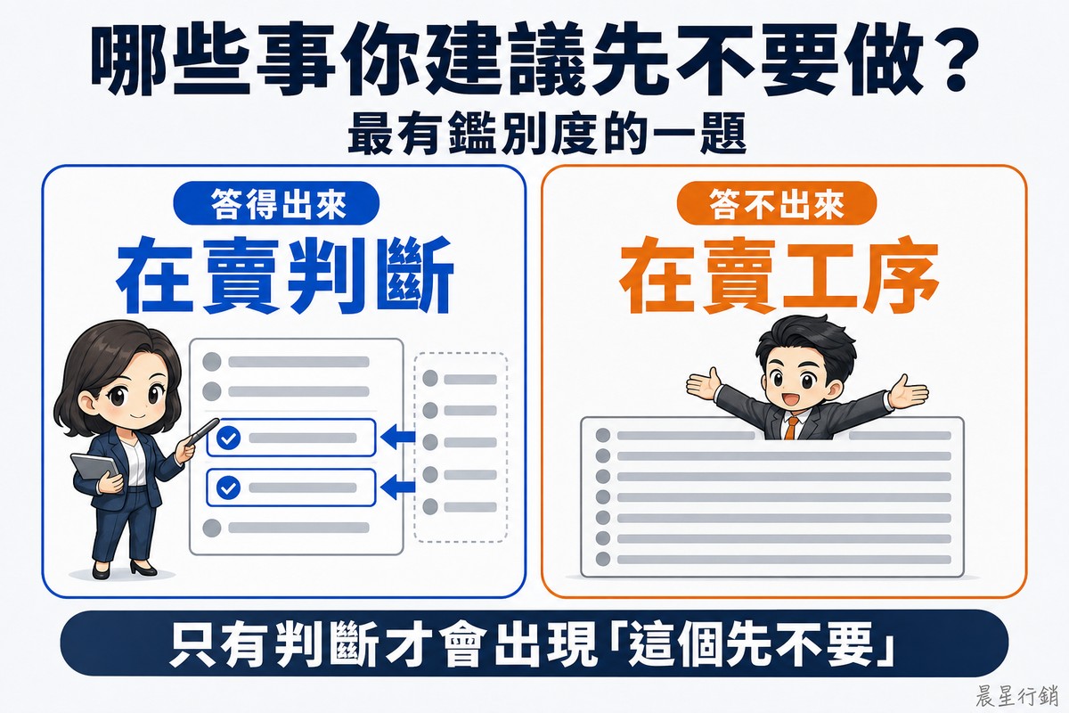 解說圖:左側藍卡畫一位Q版顧問站在優先順序板前,板上有幾列被刻意挪到一旁擱置、另外兩列被圈起來拉到最前面,取捨的動作一目了然,標「答得出來/在賣判斷」;右側橘卡畫一位Q版業務張開雙手罩住一塊很長的清單板,板上每一列都長得一模一樣、全是等長的灰色橫條,沒有任何一列被挑出來或擱置,標「答不出來/在賣工序」。