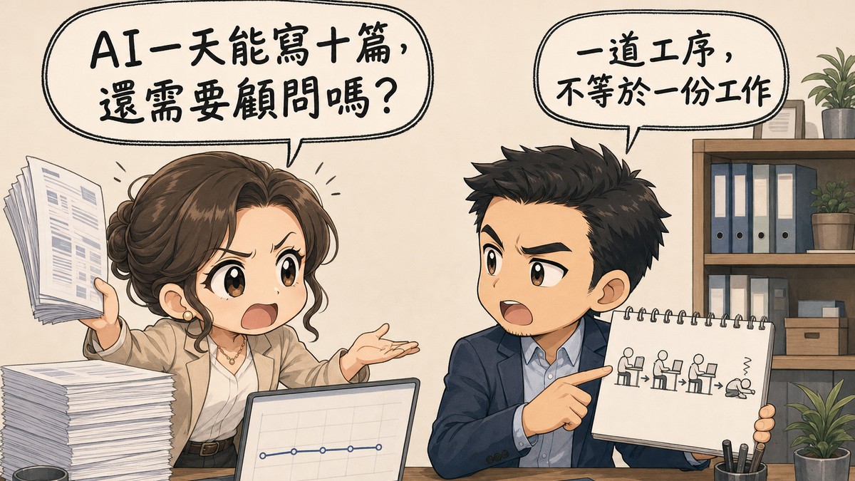 漫畫封面:左邊女性企業主一手舉起厚厚一疊列印好的文章,桌上筆電的流量折線卻是平的,她皺眉張嘴攤手發問;右邊男性行銷顧問挑眉看著她講解,手指著自己畫的筆記本草圖,圖上一排工作站中有一個是垮掉的。左上氣泡寫「AI一天能寫十篇,還需要顧問嗎?」,右上氣泡寫「一道工序,不等於一份工作」。