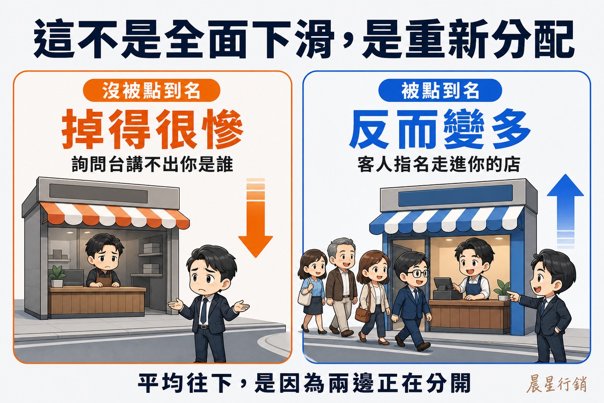 兩欄對照解說圖,頂端大標「這不是全面下滑,是重新分配」。左欄橘色,標籤「沒被點到名」、大字「掉得很慘」、說明「詢問台講不出你是誰」,畫著空櫃檯前的店主與向下的粗箭頭,詢問台人員攤手。右欄藍色,標籤「被點到名」、大字「反而變多」、說明「客人指名走進你的店」,畫著詢問台指向該店、客人排隊走入與向上的粗箭頭。底部橫條寫「平均往下,是因為兩邊正在分開」。