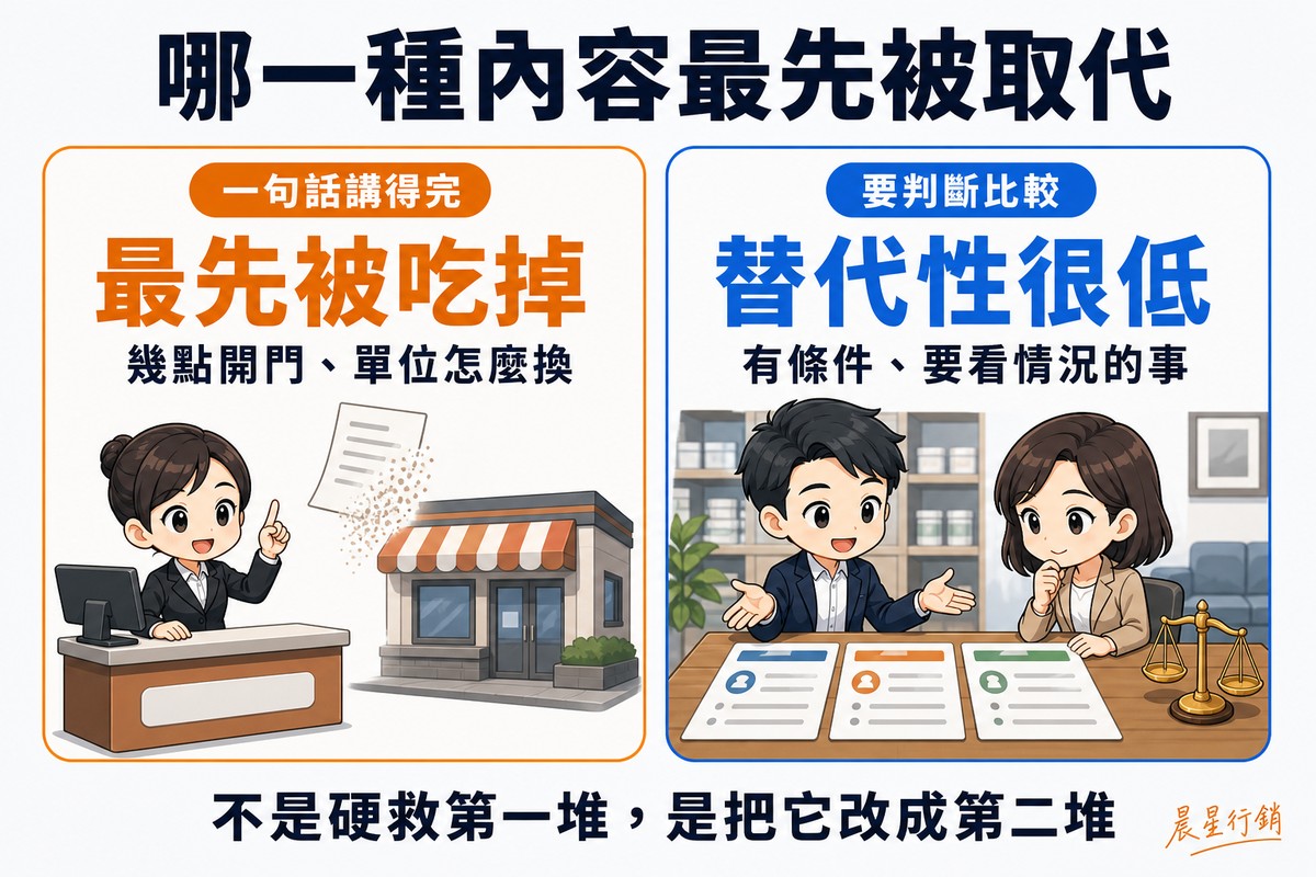 兩欄對照解說圖,頂端大標「哪一種內容最先被取代」。左欄橘色,標籤「一句話講得完」、大字「最先被吃掉」、說明「幾點開門、單位怎麼換」,畫著詢問台舉起一根手指立刻回答,一張空白紙頁在空中消散。右欄藍色,標籤「要判斷比較」、大字「替代性很低」、說明「有條件、要看情況的事」,畫著顧問在桌上攤開數個不同選項、客人湊近比較,旁邊有一座天平。底部橫條寫「不是硬救第一堆,是把它改成第二堆」。