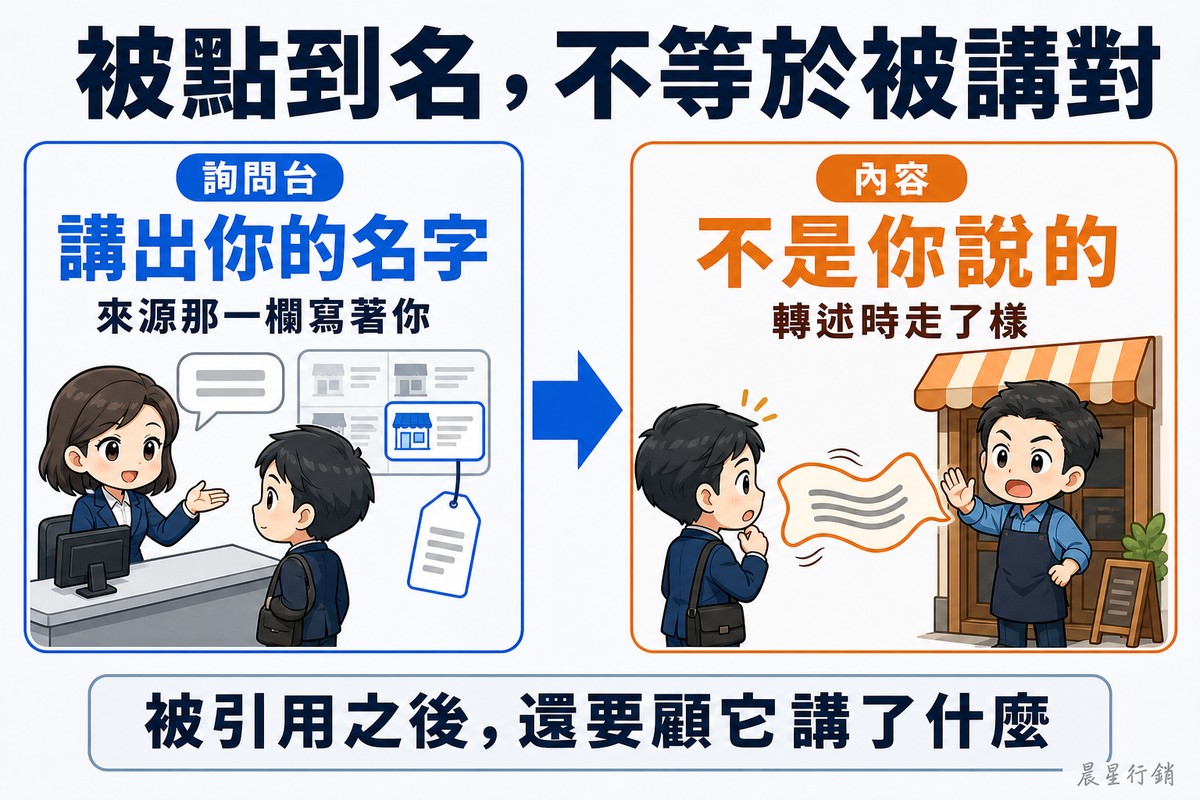因果解說圖,頂端大標「被點到名,不等於被講對」。左側原因欄藍色,標籤「詢問台」、大字「講出你的名字」、說明「來源那一欄寫著你」,畫著詢問台人員一邊講話一邊指回某家店,話語上掛著連回店面的標籤。粗箭頭指向右側結果欄橘色,標籤「內容」、大字「不是你說的」、說明「轉述時走了樣」,畫著店主在門口睜大眼舉手抗議,抵達客人耳邊的話語變成扭曲歪斜的緞帶。底部橫條寫「被引用之後,還要顧它講了什麼」。