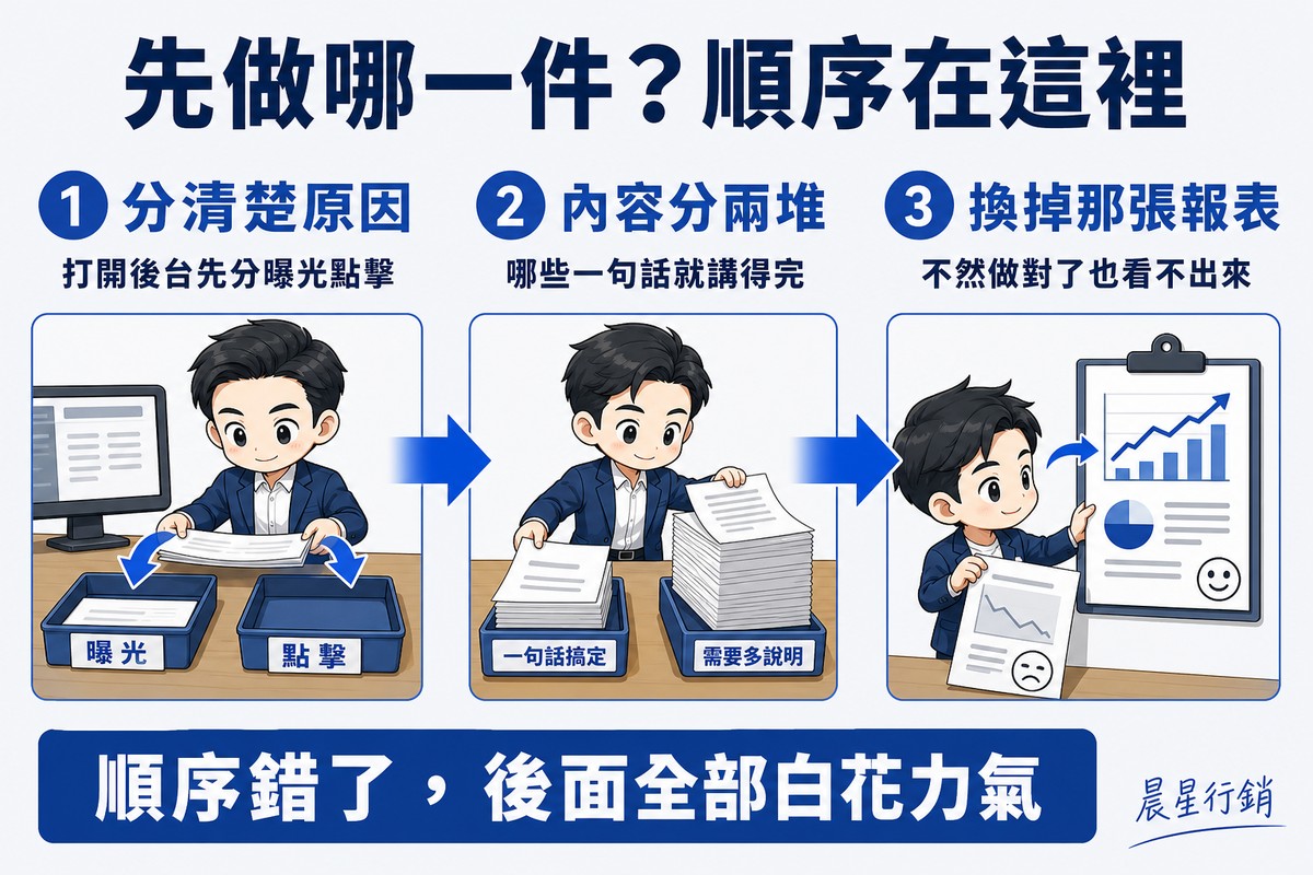 三步驟流程解說圖,頂端大標「先做哪一件?順序在這裡」。三個圓形編號徽章由粗箭頭串連。第一步「分清楚原因」,說明「打開後台先分曝光點擊」,畫著老闆在桌前用雙手把一堆東西分進兩個托盤。第二步「內容分兩堆」,說明「哪些一句話就講得完」,畫著同一人把空白頁面分成薄薄一疊與厚厚一疊。第三步「換掉那張報表」,說明「不然做對了也看不出來」,畫著他取下下垂的舊報表、換上全新的一張。底部橫條寫「順序錯了,後面全部白花力氣」。