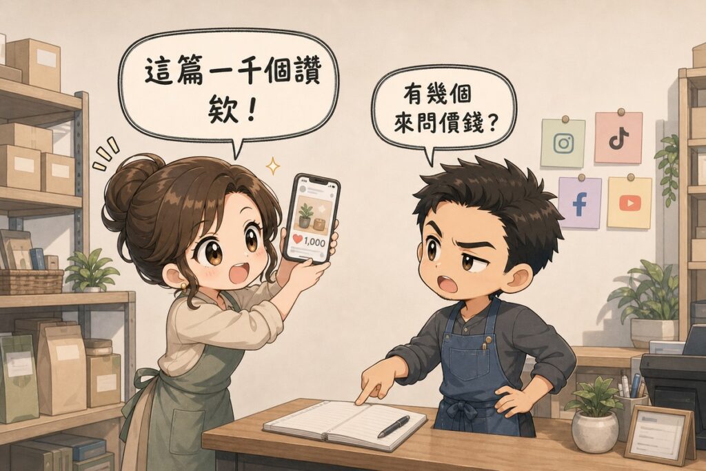 Q版插畫，一位女店員在店內舉起手機展示破千的按讚數，男店主則指著櫃檯上幾乎空白的訂單本