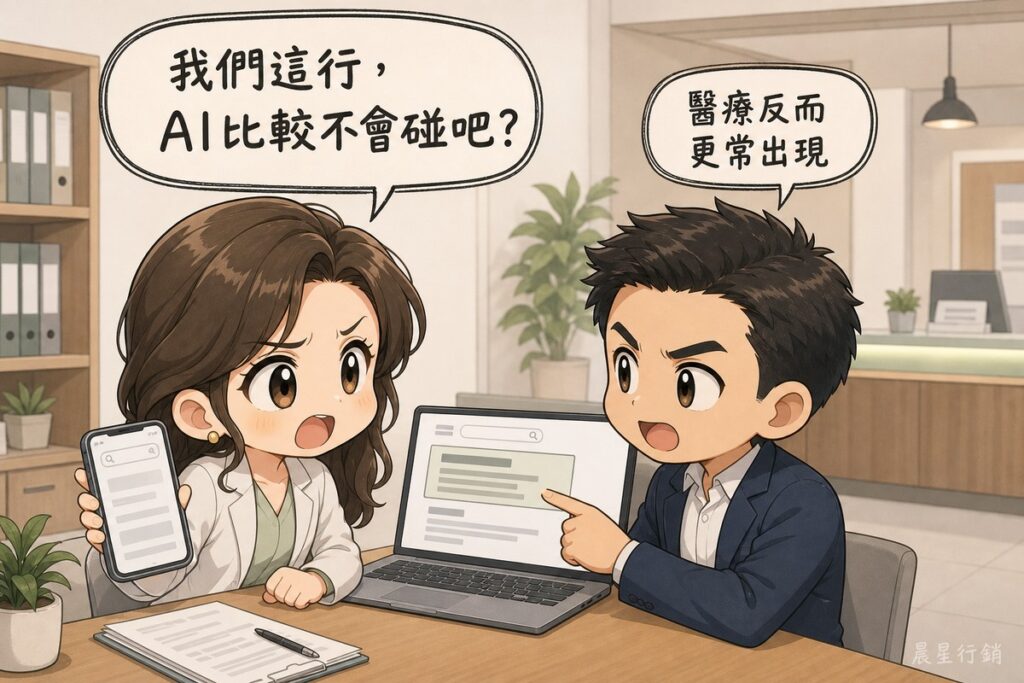 文章封面漫畫：Q版三頭身的兩個人在診所行政辦公室對談。左邊穿白袍的女性經營者舉著手機、表情焦急，氣泡寫著「我們這行，AI比較不會碰吧？」；右邊穿深藍西裝的男性顧問轉身面向她、手指著筆電上帶有大型答案面板的搜尋畫面，氣泡回「醫療反而更常出現」。