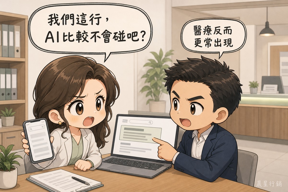 文章封面漫畫:Q版三頭身的兩個人在診所行政辦公室對談。左邊穿白袍的女性經營者舉著手機、表情焦急,氣泡寫著「我們這行,AI比較不會碰吧?」;右邊穿深藍西裝的男性顧問轉身面向她、手指著筆電上帶有大型答案面板的搜尋畫面,氣泡回「醫療反而更常出現」。