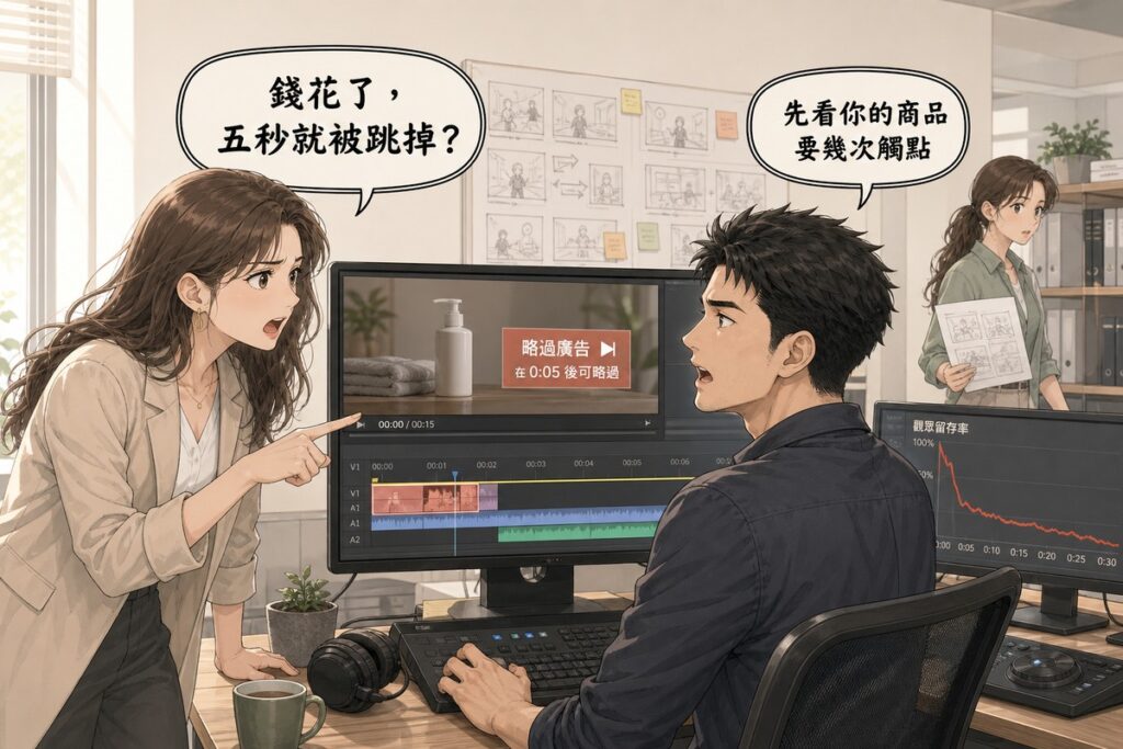 一位女性業主站在剪輯台旁指著螢幕上的略過廣告按鈕，坐著的男性剪輯師回頭向她說明