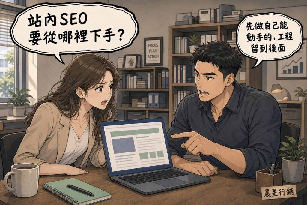 一位企業主前傾著急詢問站內SEO要從哪裡下手，右側顧問手指筆電螢幕正在解說先做自己能動手的項目，辦公室場景，牆邊有書櫃與窗戶採光
