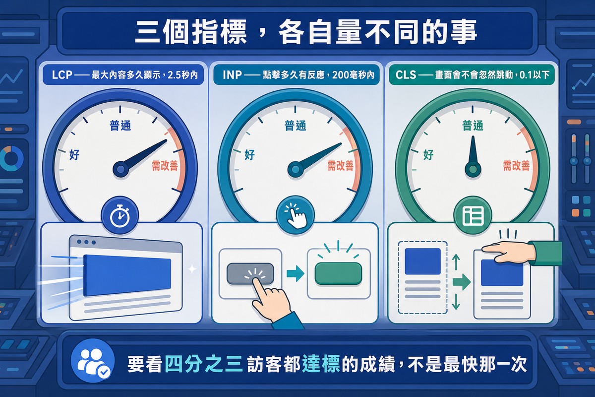 三個圓形儀表盤並排，分別標示LCP、INP、CLS三個指標與對應數值門檻