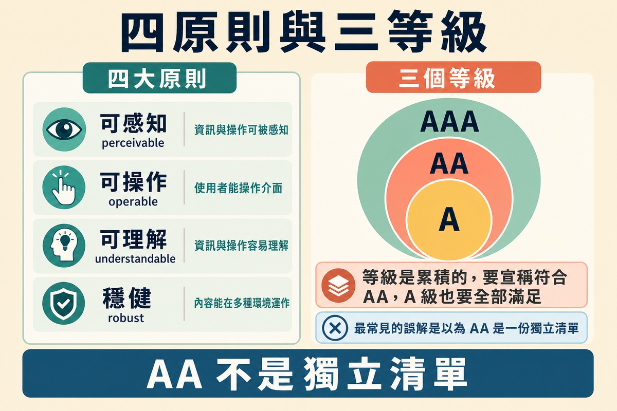圖上方寫「四原則與三等級」,左邊四張原則卡片各附白話解釋,右邊三層由 A 到 AAA 的堆疊,下方註明等級是累積的。