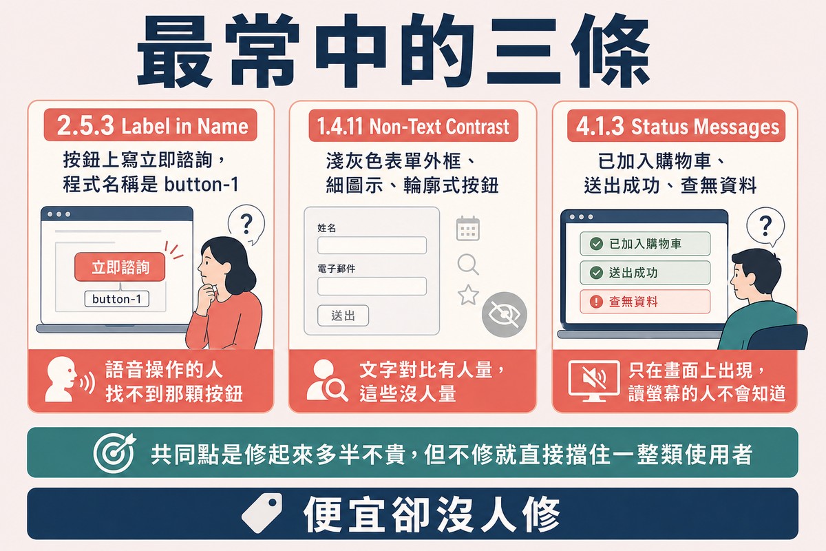 圖上方寫「最常中的三條」,三張卡片分別是標籤名稱不符、非文字對比不足、狀態訊息讀不到,各附實際症狀。