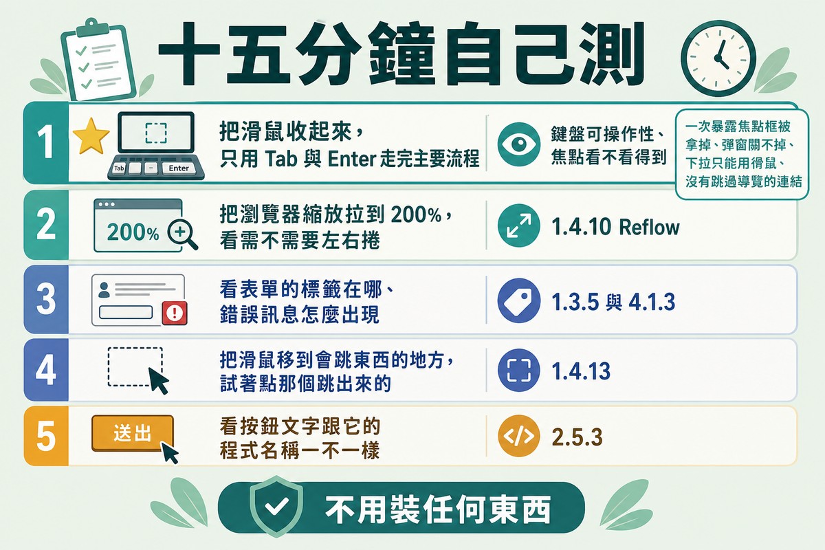 圖上方寫「十五分鐘自己測」,五個編號步驟依序是只用鍵盤走一次、縮放到兩百趴、看表單標籤與錯誤訊息、測跳出來的東西、比對按鈕名稱,第一步加了星號。