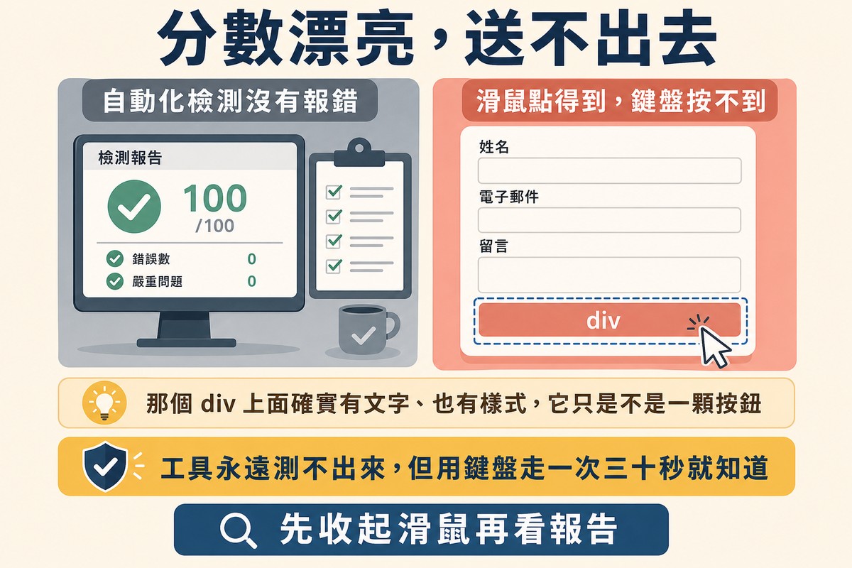 圖上方寫「分數漂亮,送不出去」,左邊是自動化報告的高分無錯誤,右邊是被做成 div 的送出按鈕,鍵盤焦點停在它前面。