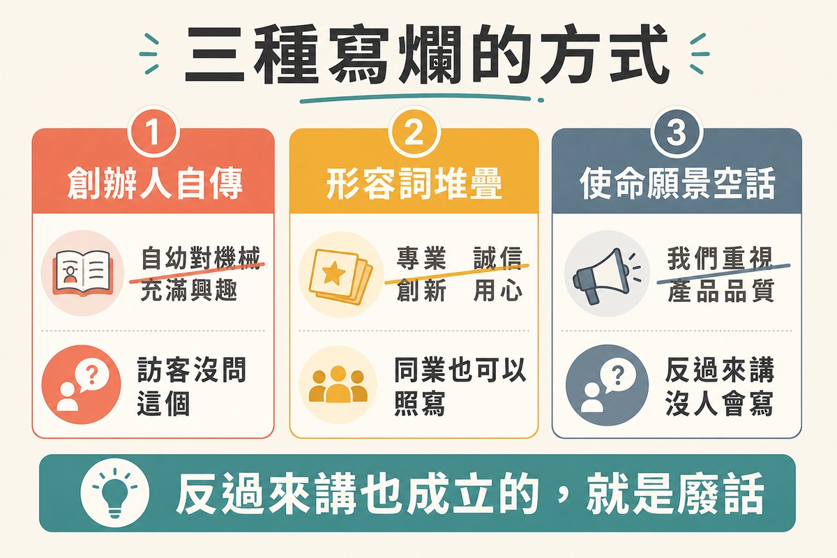 三張卡片,分別是創辦人自傳、形容詞堆疊與使命願景空話,各附一句被劃掉的範例與失敗原因