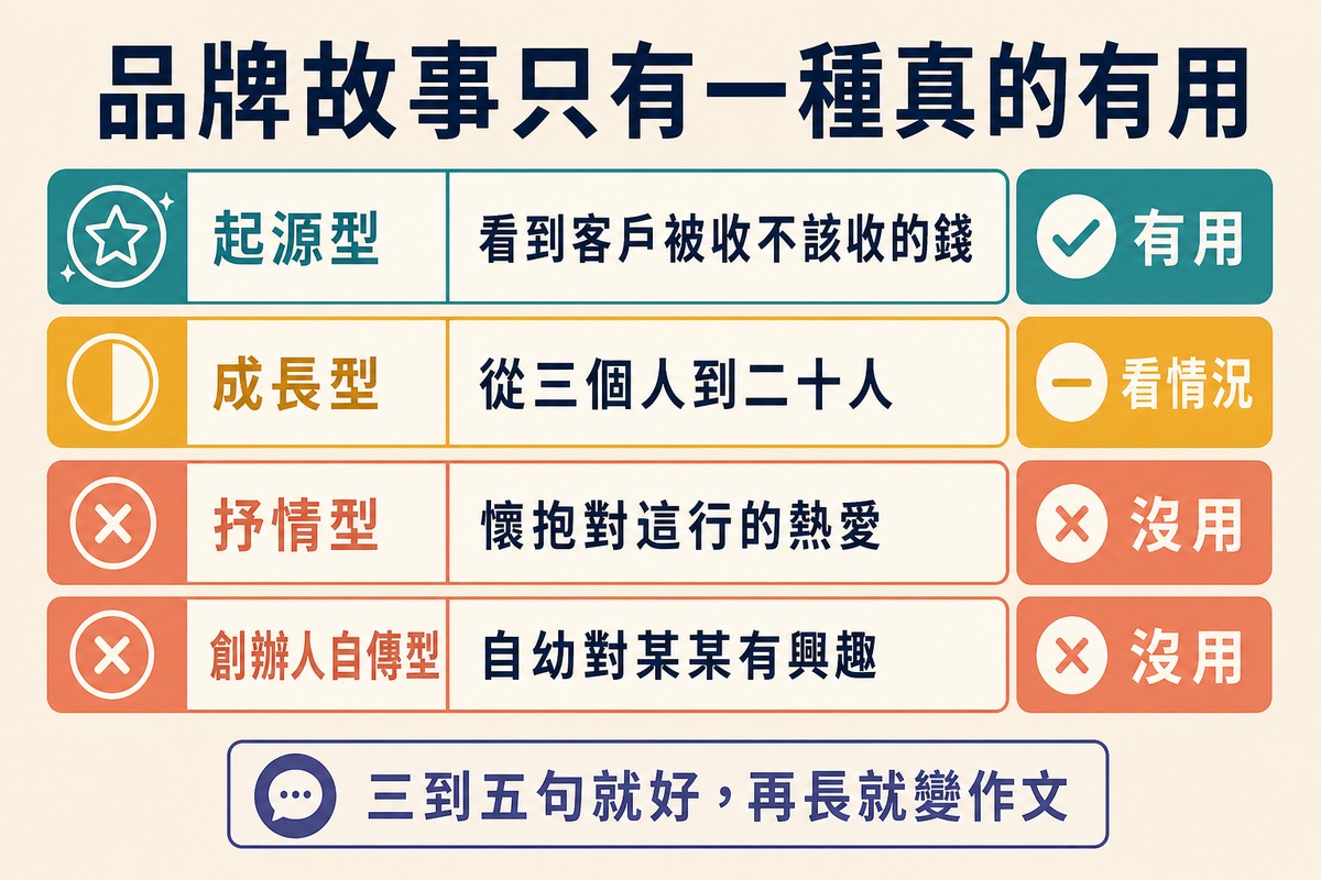四列品牌故事類型對照,起源型判為有用、成長型看情況、抒情型與創辦人自傳型判為沒用