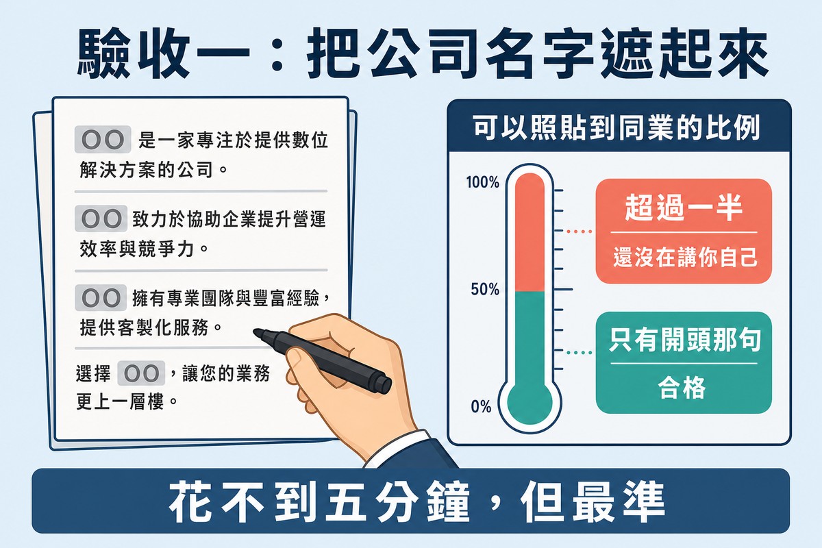 左邊是公司名全部被替換成OO的頁面,右邊是一支量表顯示可以照貼到同業的比例區間