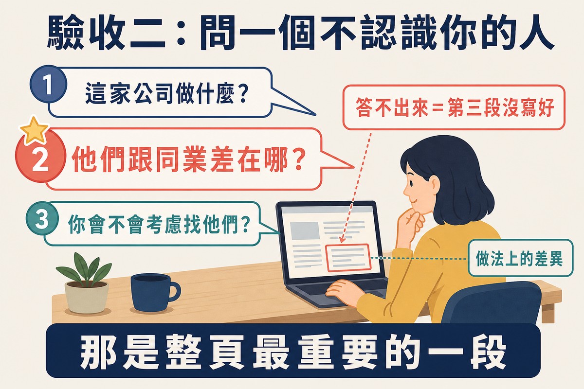 一個人在筆電前閱讀,三個提問泡泡指向他,其中第二題被放大並標上星號
