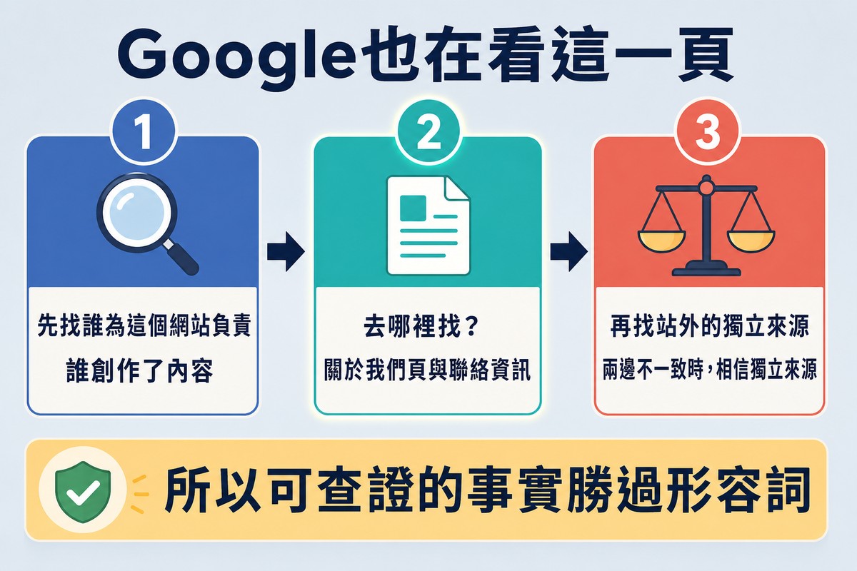 三步驟流程,先找誰為網站負責、再到關於我們頁與聯絡資訊找、最後比對站外獨立來源