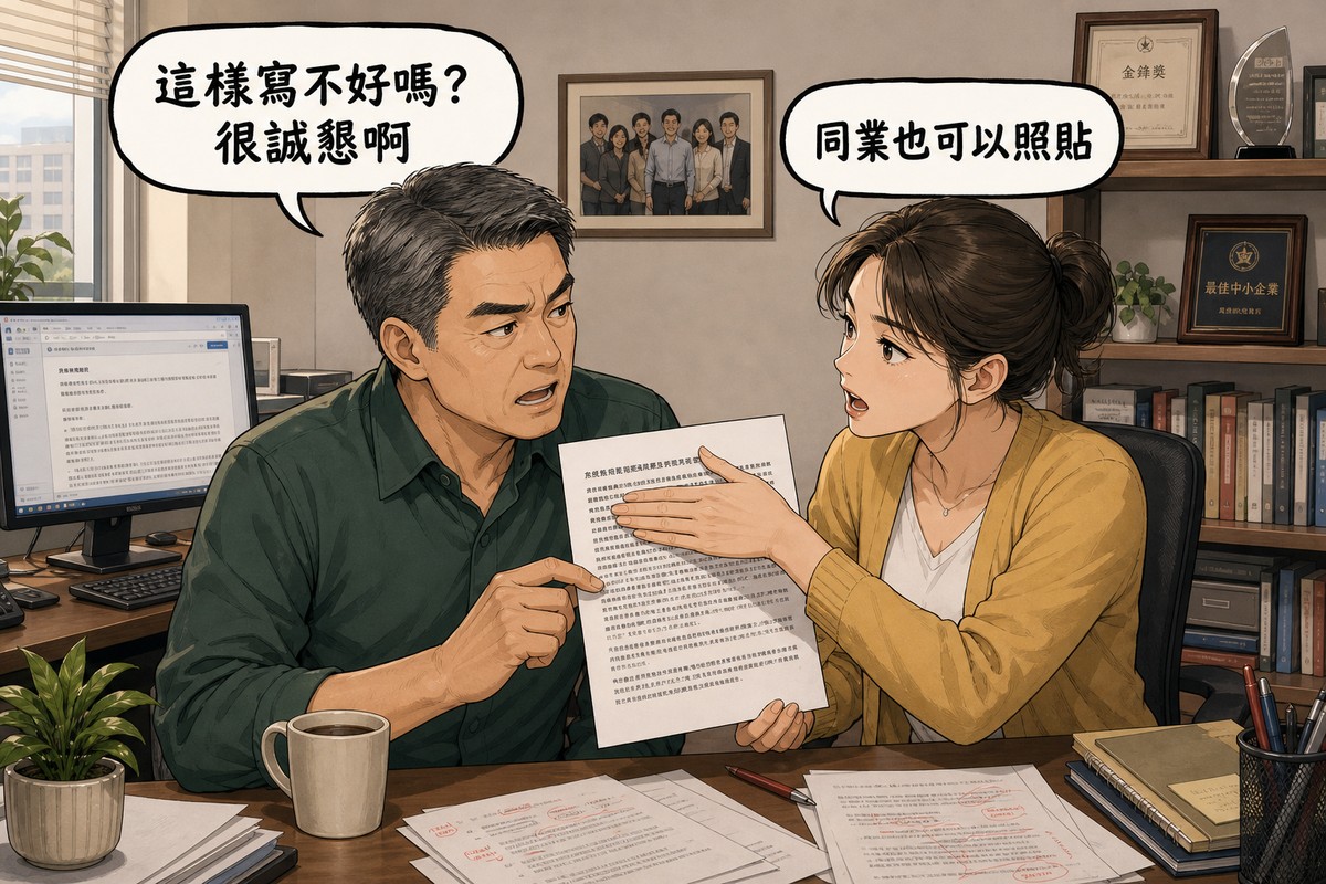 一男一女在辦公室對談,男方拿著整段密密麻麻的簡介稿,氣泡寫「這樣寫不好嗎?很誠懇啊」,女方用拇指遮住稿上的公司名回應「同業也可以照貼」