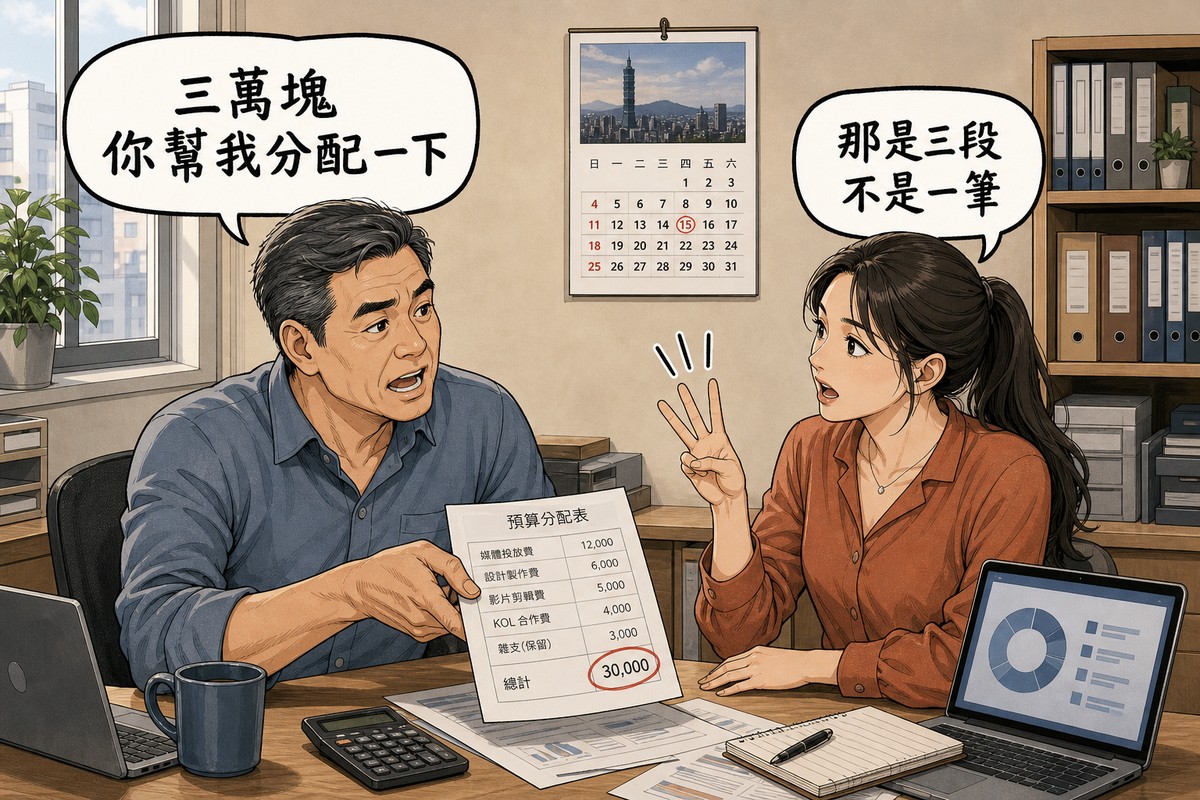 一位企業主與一位媒體企劃在辦公室對談,企業主把預算表推過去說「三萬塊你幫我分配一下」,企劃在空中比出三道分隔線回應「那是三段不是一筆」