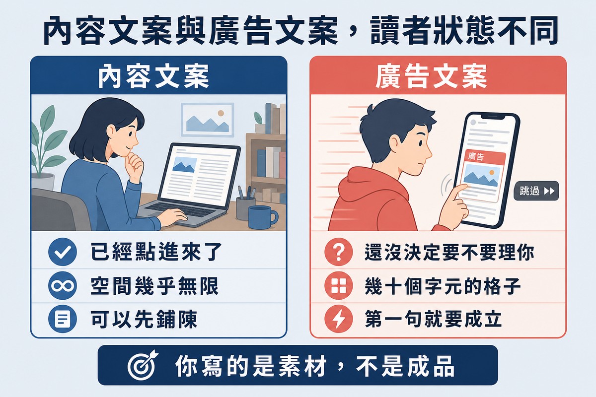 左右對照,左邊內容文案的讀者坐著閱讀長文,右邊廣告文案的讀者快速滑過帶有略過按鈕的廣告版位