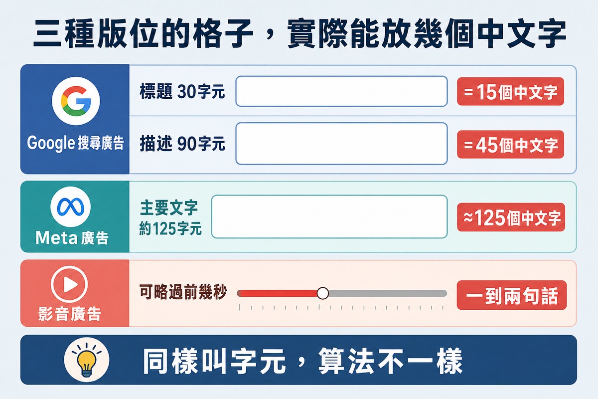 三列對照,Google搜尋廣告、Meta廣告與影音廣告各自畫出相對寬度的輸入框,並標出官方字元數與實際中文字數