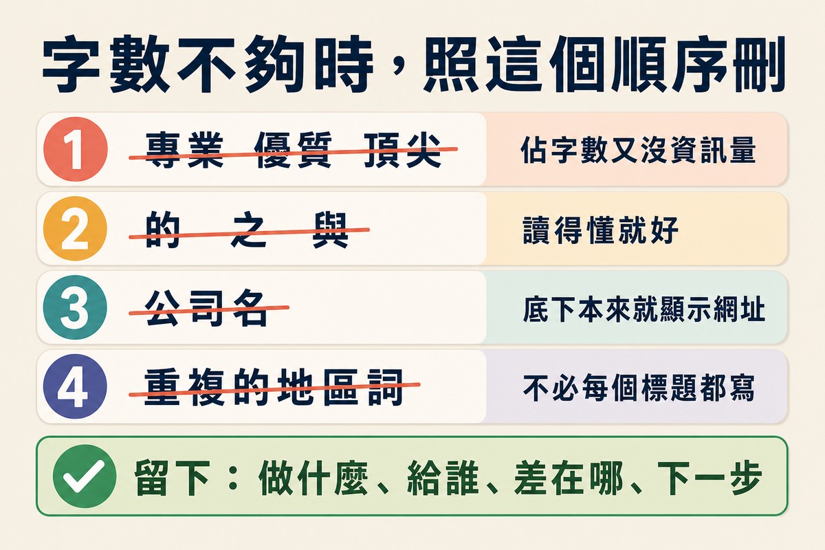 四列刪除優先序,依序是形容詞、連接詞、公司名、重複地區詞,各附理由,下方保留欄列出該留下的四項