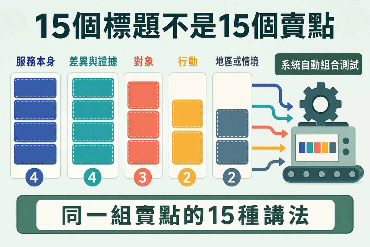 五組不同顏色的標題格子,分別是服務本身、差異與證據、對象、行動、地區情境,右側是系統自動組合的圖示