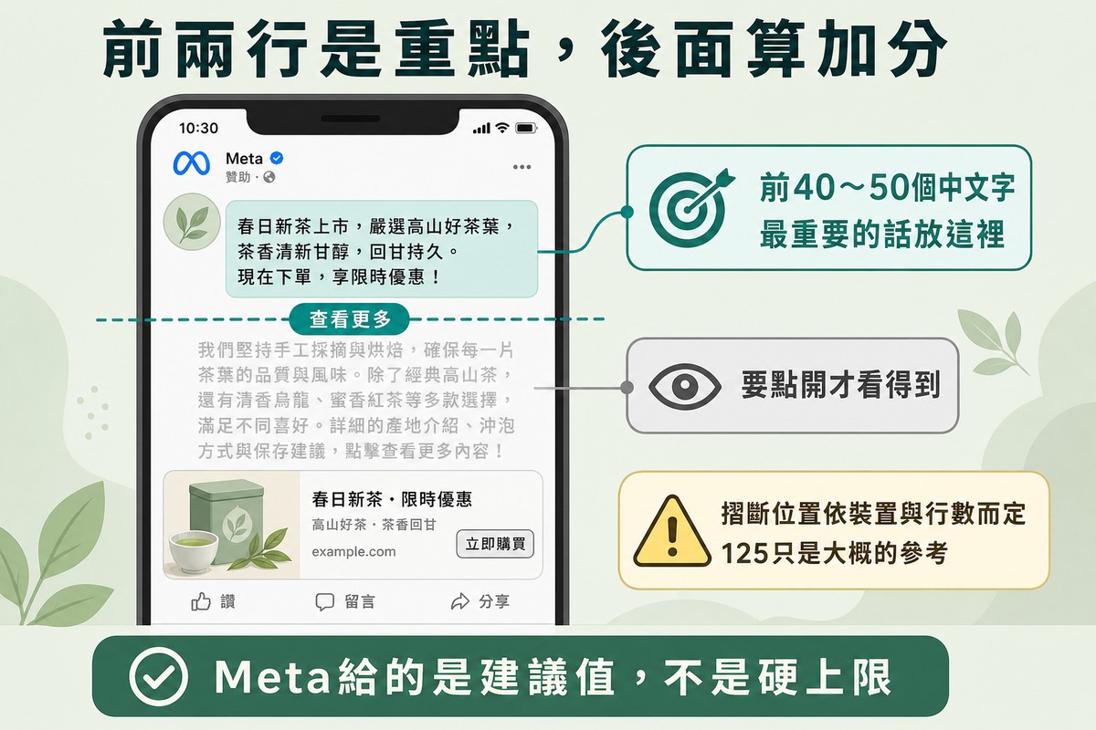 手機廣告示意圖,主要文字被一條查看更多的摺線分成上下兩段,上段標為最重要的話、下段標為要點開才看得到
