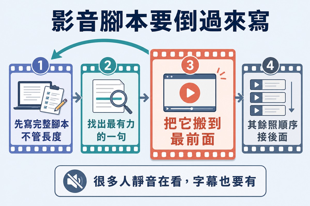 四格膠捲式流程,先寫完整腳本、找出最有力的一句、搬到最前面、其餘照順序接後面,並有一條折返箭頭