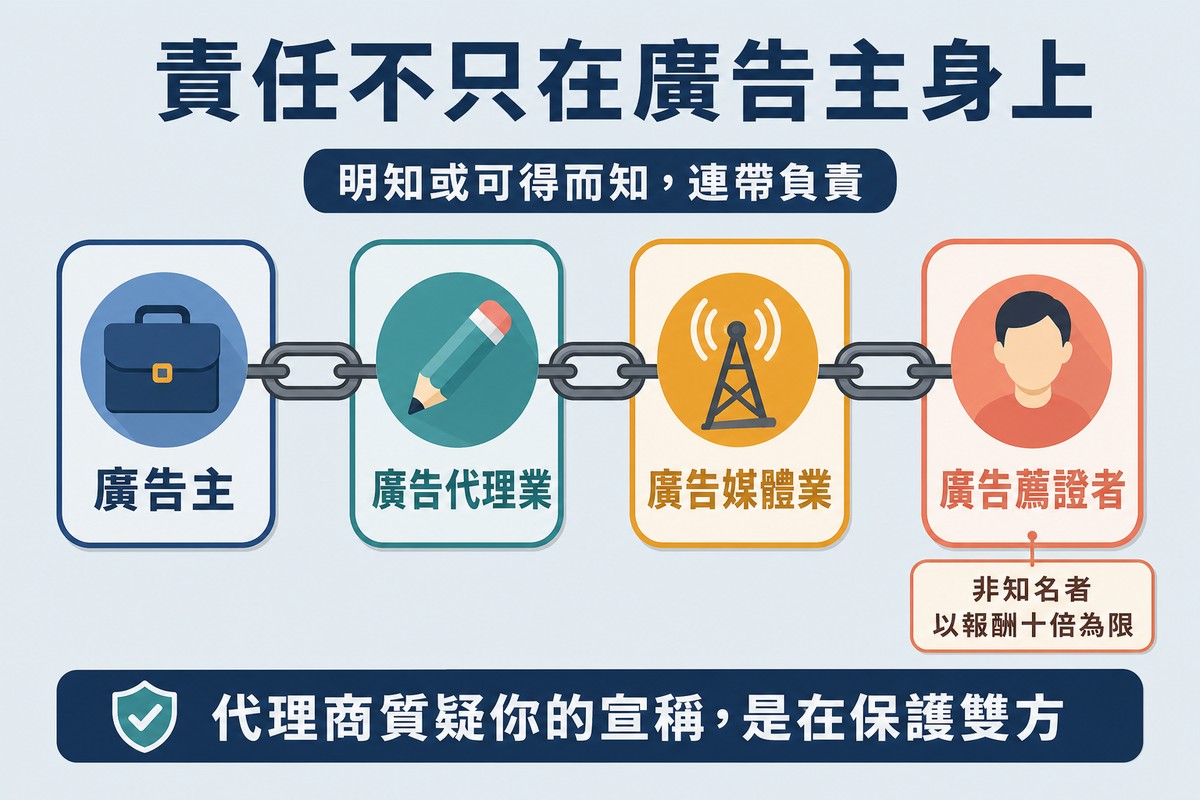 四個以鎖鏈相連的節點,分別是廣告主、廣告代理業、廣告媒體業與廣告薦證者,鎖鏈上標示明知或可得而知即連帶負責