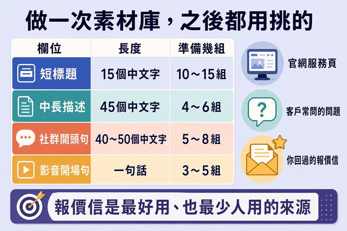 四列素材表,列出短標題、中長描述、社群開頭句與影音開場句各自的長度與建議組數,右側是三個素材來源