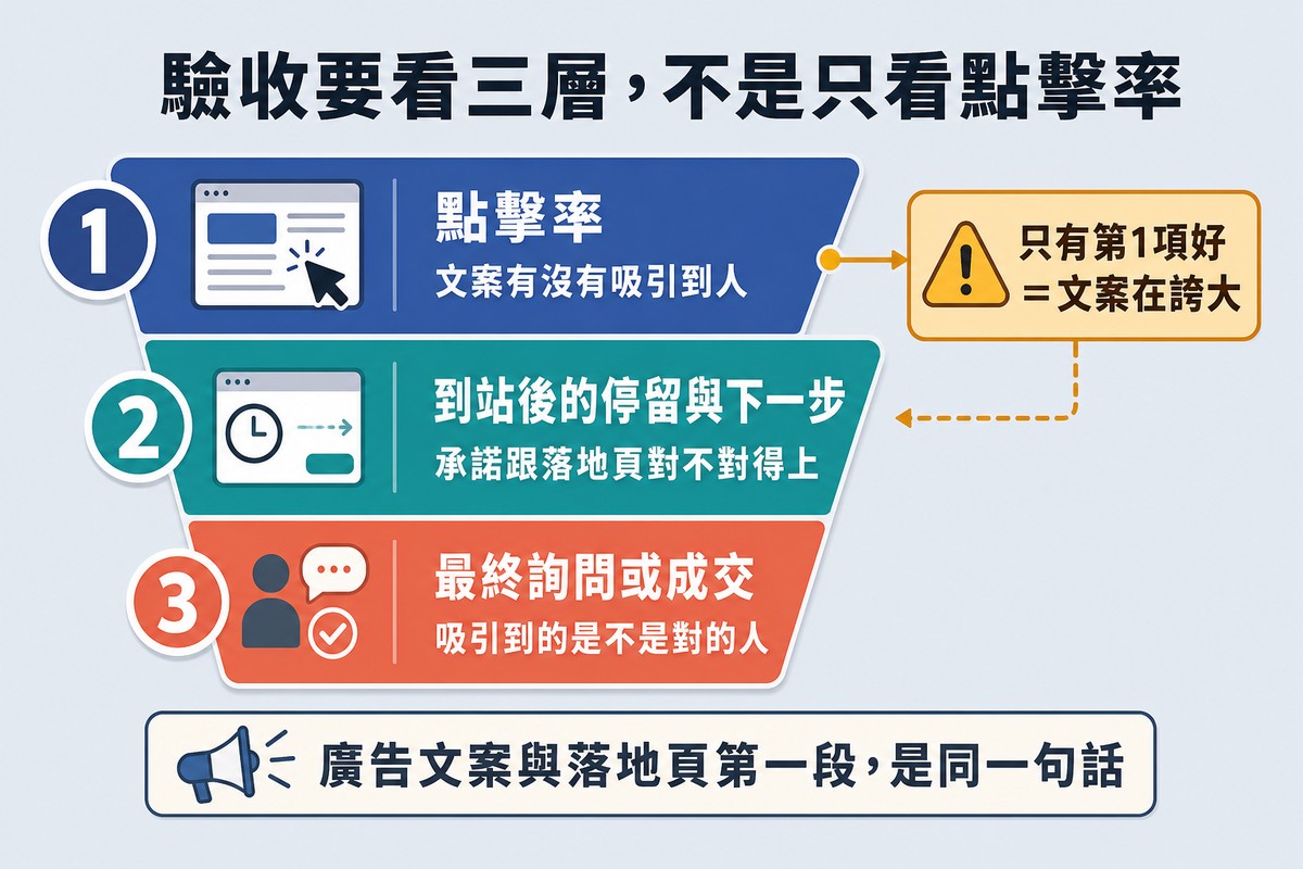 三層驗收流程,依序是點擊率、到站後的停留與下一步、最終詢問或成交,旁邊有一條警示分支