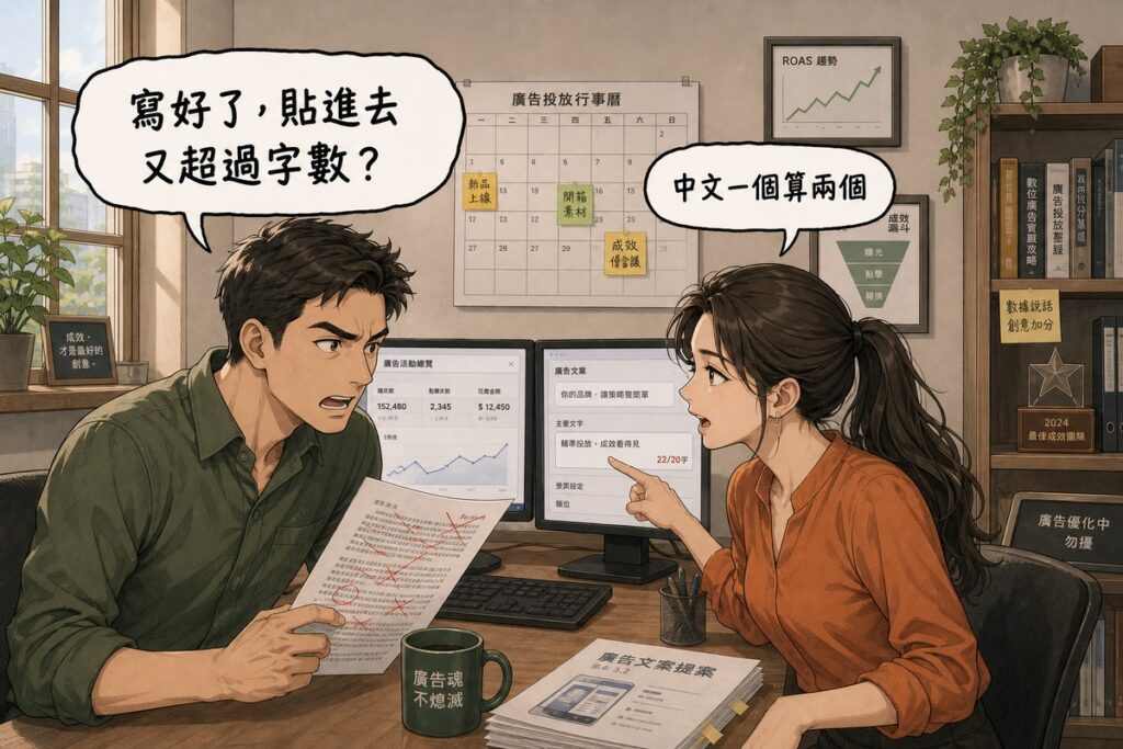 一男一女在廣告操作室對談,男方拿著被紅筆刪改的文案稿,氣泡寫「寫好了,貼進去又超過字數?」,女方指著螢幕上的字數計數器回應「中文一個算兩個」