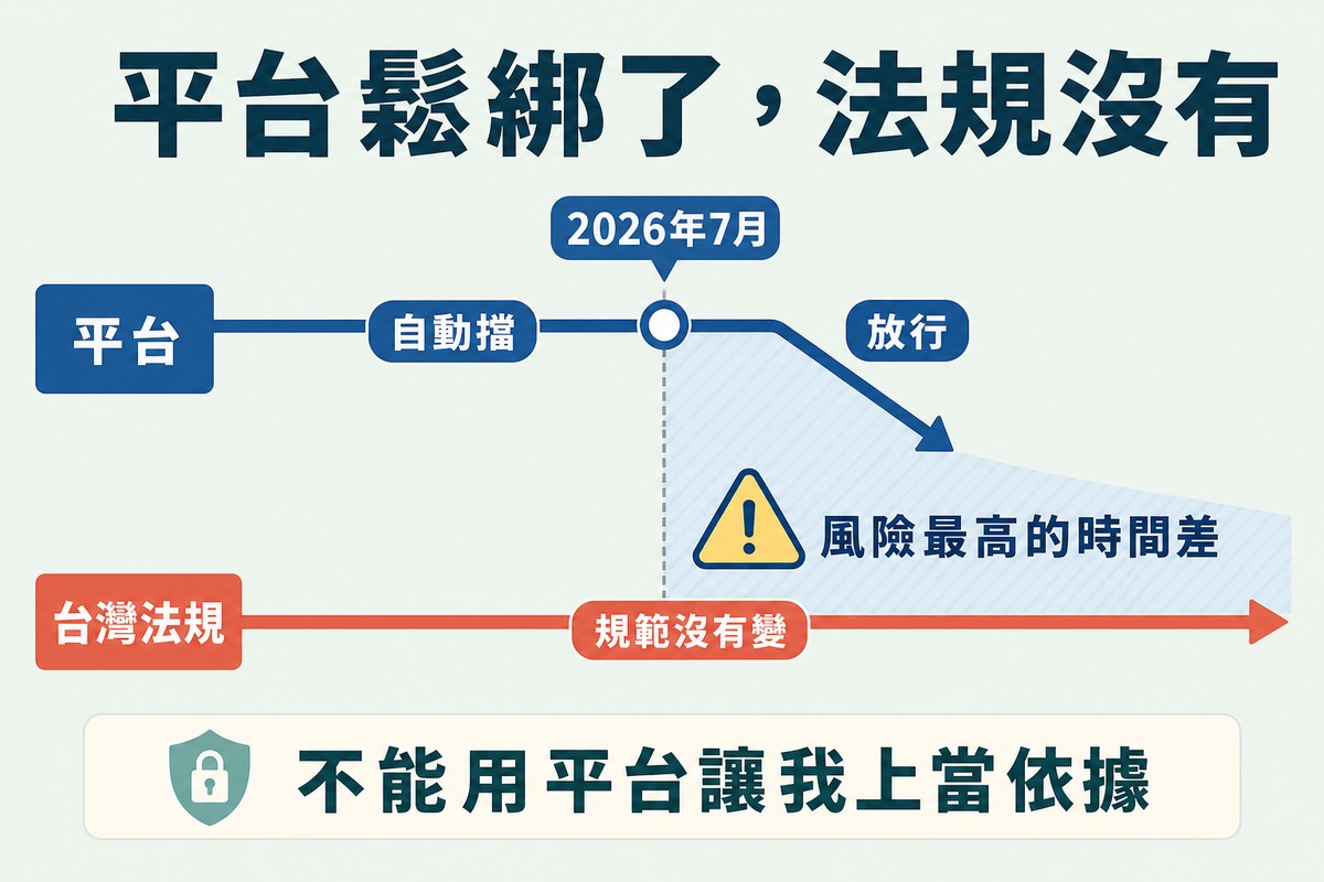一條時間軸,上方平台那條線在2026年7月後像收起的雨傘般放行,下方台灣法規那條線維持不變,兩者之間出現一塊標示風險最高的時間差區域