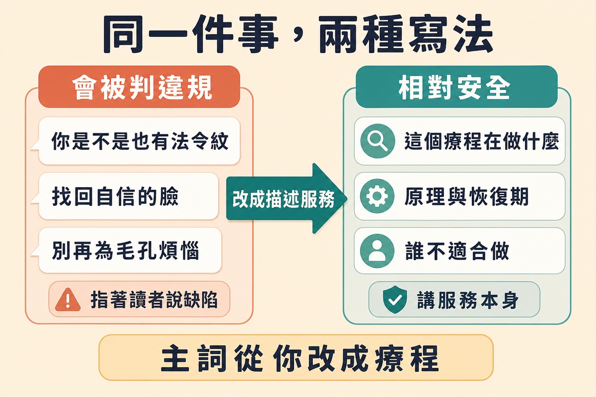 左右對照,左欄三句會被判違規的文案都指著讀者說缺陷,右欄三句相對安全的寫法改成描述療程本身,中間一個箭頭標示改成描述服務