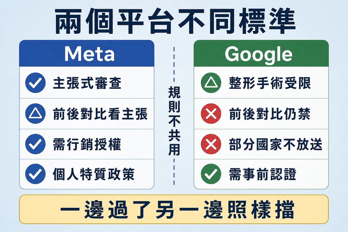左右兩欄比較 Meta 與 Google 對同一批項目的規則,各列四項並以勾叉標示,中間一條虛線標示規則不共用