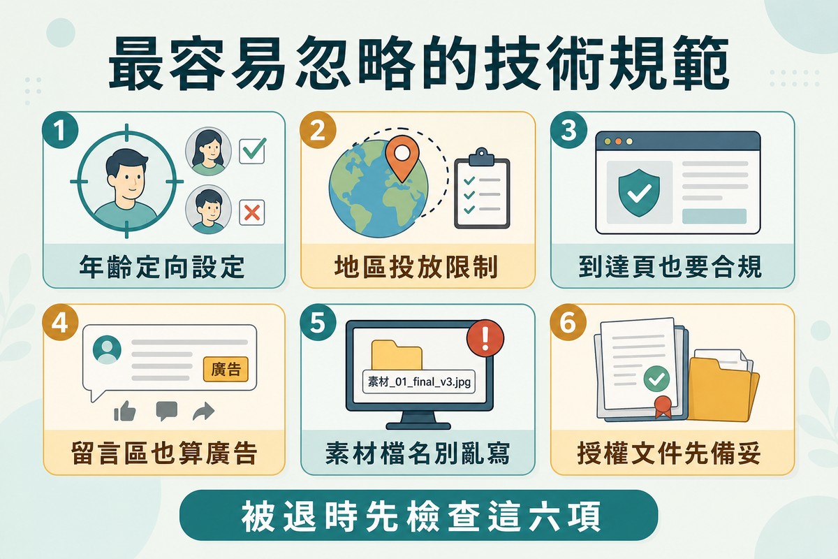 六張帶編號的圖示卡片分成兩排,分別是年齡定向、地區限制、到達頁合規、留言區、素材檔名與授權文件