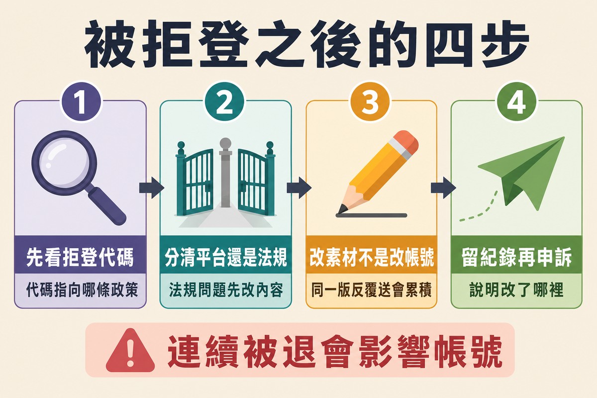 四個步驟由左至右以箭頭相連,依序是先看拒登代碼、分清平台還是法規、改素材不是改帳號、留紀錄再申訴