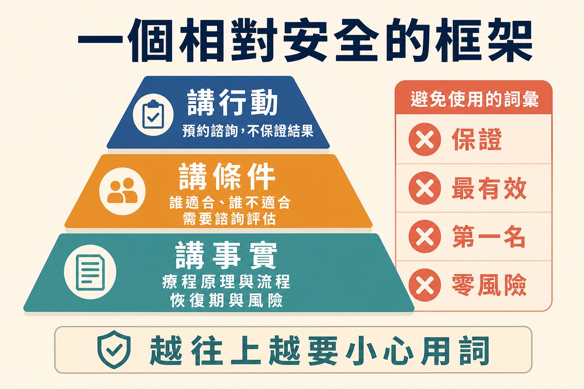 三層金字塔由下而上分別是講事實、講條件與講行動,右側一列以叉號標示保證、最有效、第一名與零風險等禁用詞