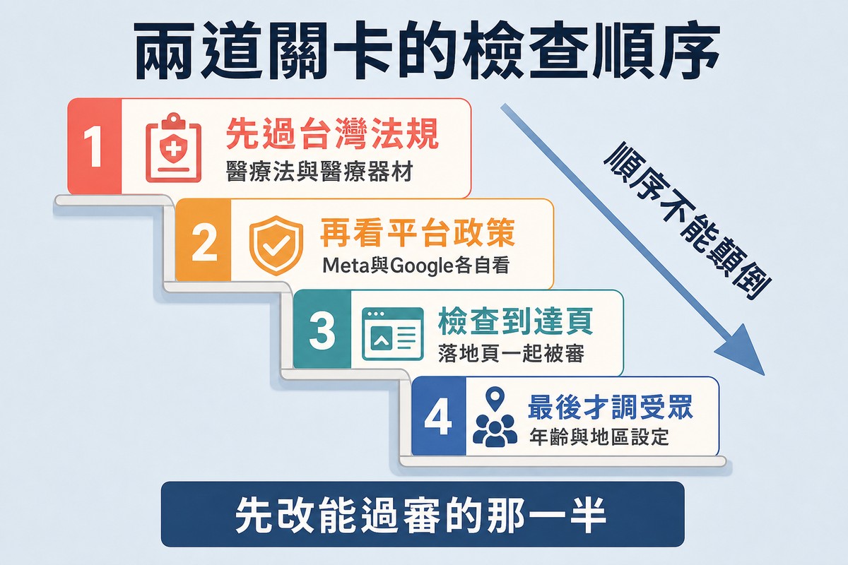 四階由高至低的階梯,依序是先過台灣法規、再看平台政策、檢查到達頁、最後才調受眾,旁邊一個箭頭標示順序不能顛倒