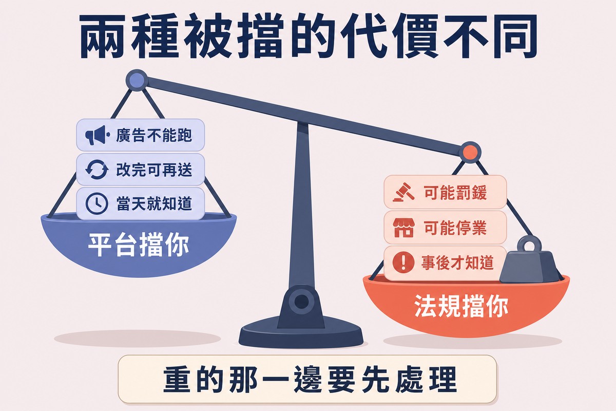 一個天平,左盤是平台擋你、較輕且位置較高,右盤是法規擋你、較重且下沉,兩盤各列三項後果