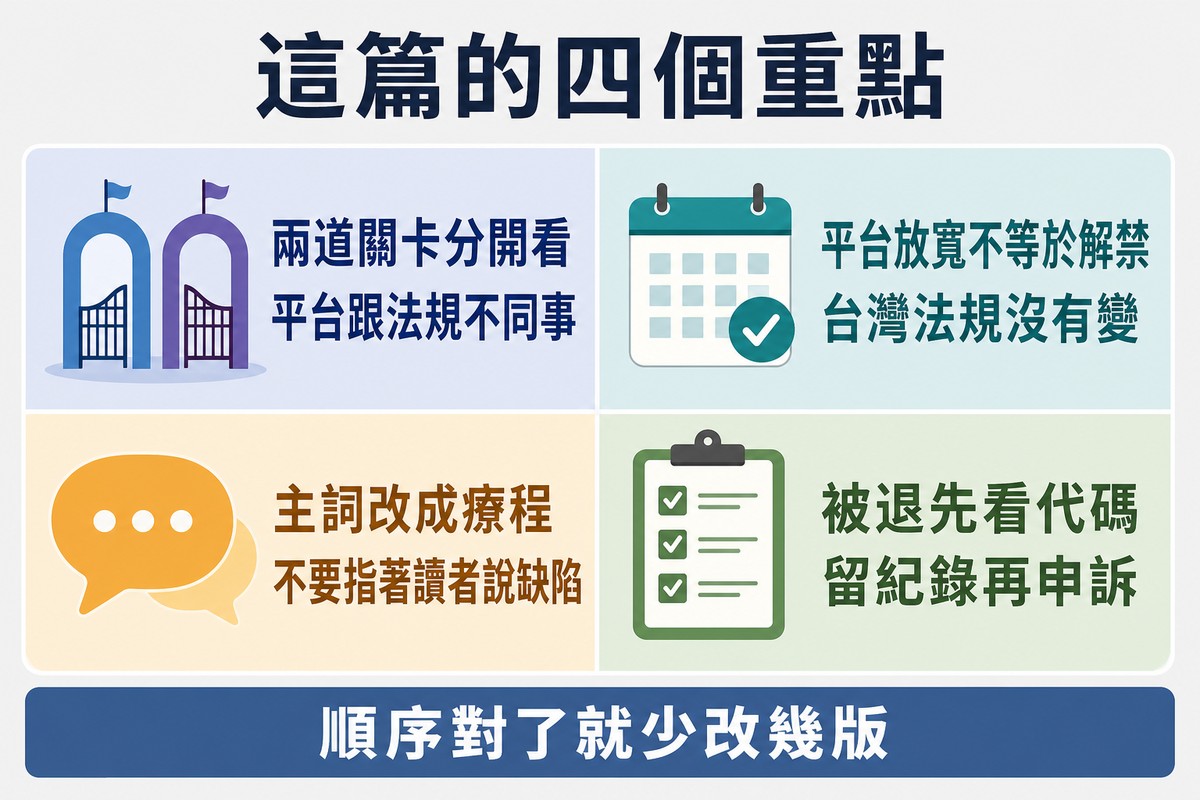 四宮格總結,分別是兩道關卡分開看、平台放寬不等於解禁、主詞改成療程、被退先看代碼