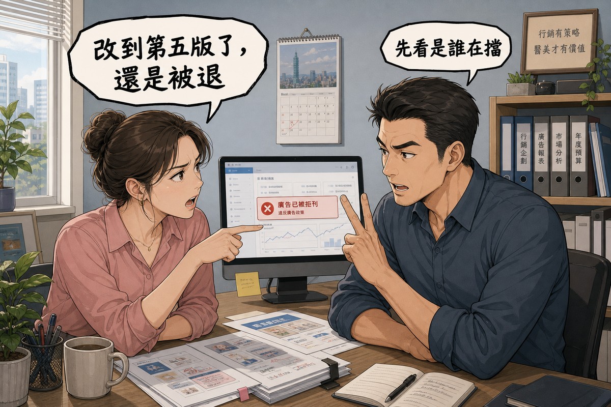 一位診所行銷人員與一位行銷顧問在辦公室對談,行銷人員指著螢幕上的拒登通知說「改到第五版了,還是被退」,顧問舉起兩根手指回應「先看是誰在擋」
