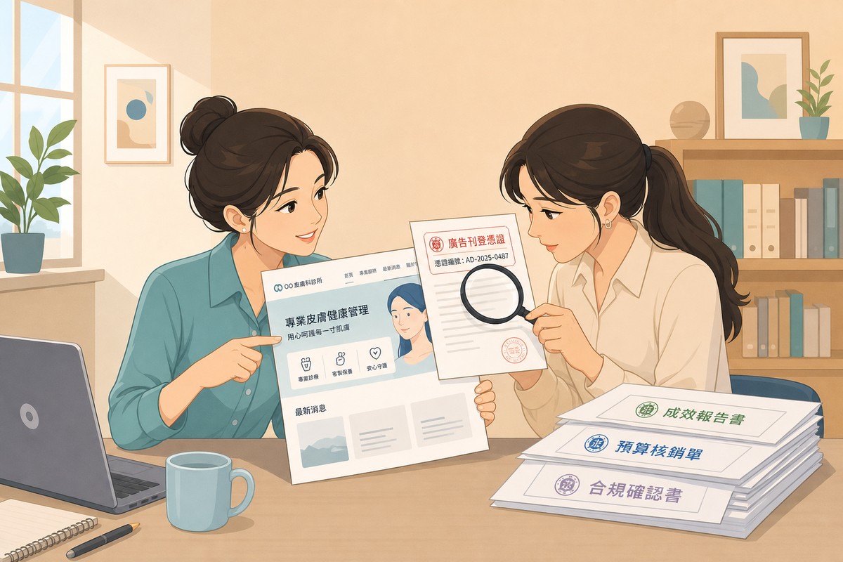 兩個同事在桌前檢視一份診所網頁列印稿，旁邊疊著三份帶有不同官方標頭的參考文件，其中一人拿放大鏡對著文件頂端的發文字號而不是內文。