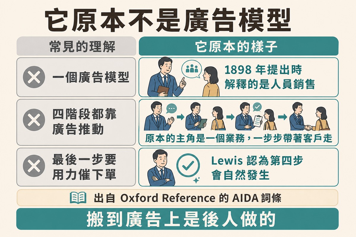 圖上方寫「它原本不是廣告模型」,左欄三個被劃掉的常見理解,右欄對應它原本的樣子:1898 年解釋的是人員銷售、主角是業務、Lewis 認為第四步會自然發生。