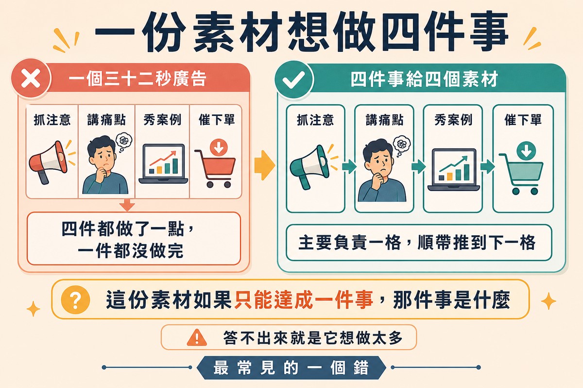 圖上方寫「一份素材想做四件事」,左邊一支三十秒廣告被切成四條細片,右邊是四份各自完整的素材串成一條,下方是一句測試問題。