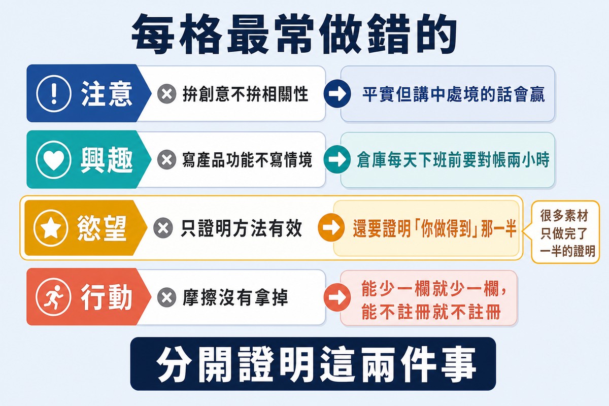 圖上方寫「每格最常做錯的」,四列分別是注意拚創意不拚相關性、興趣寫功能不寫情境、慾望只證明方法有效、行動摩擦沒拿掉,第三列加了星號。