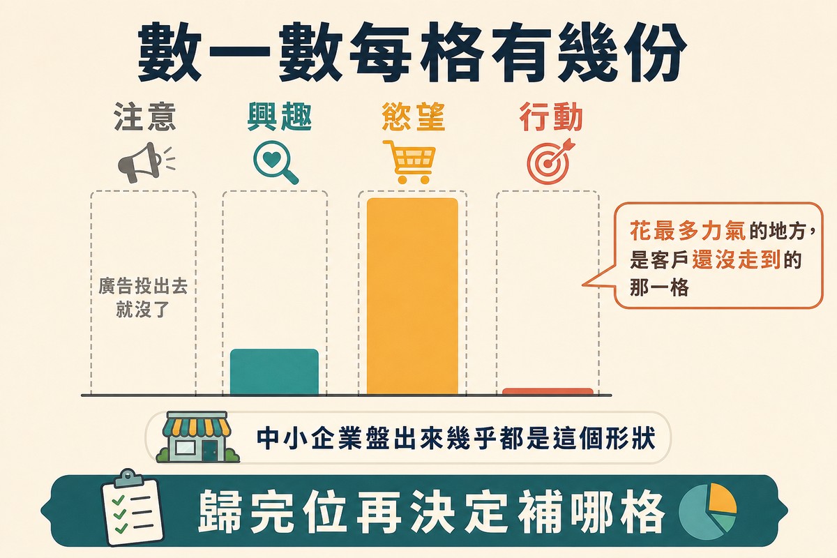 圖上方寫「數一數每格有幾份」,四根長條分別代表注意、興趣、慾望、行動,慾望特別高、行動幾乎空著、注意是一根虛線。